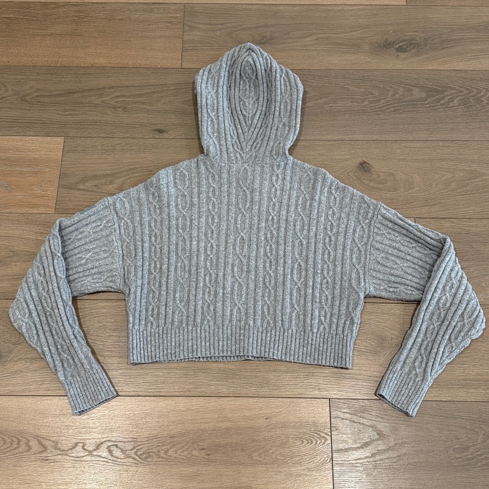 ALO YOGA Athletic Heather Grey Cable Knit‎ Winter Bliss Pullover Hoodie Size S - Picture 3 of 9